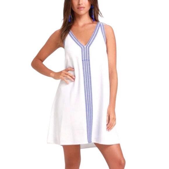 Lulus White Embroidered Mini Shift Tank Dress M - Picture 1 of 8